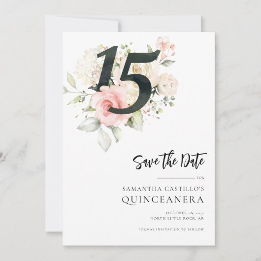 Roze Bloemen Quinceanera 15e Verjaardag Save The Date (Voorkant)