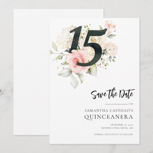 Roze Bloemen Quinceanera 15e Verjaardag Save The Date (Voorkant / Achterkant)