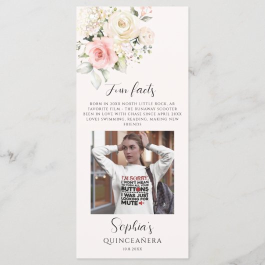 Roze Bloemen Quinceanera 15e Verjaardagsfeestfoto Menu (Achterkant)