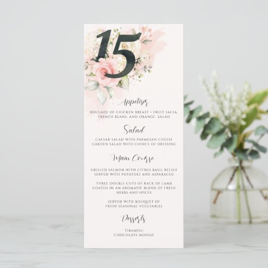 Roze Bloemen Quinceanera 15e Verjaardagsfeestfoto Menu (Staand voorkant)