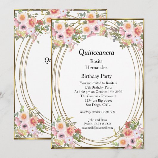 Roze bloemen Quinceanera Birthday Party Kaart (Voorkant / Achterkant)