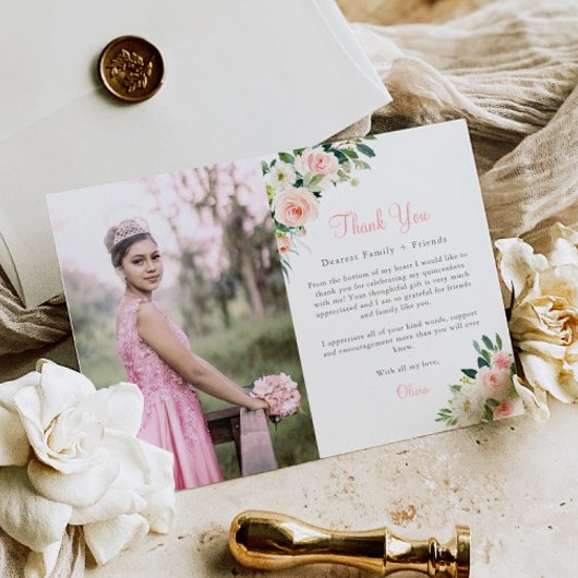 Roze Bloemen Quinceañera Dank u kaart 3 foto's