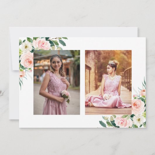 Roze Bloemen Quinceañera Dank u kaart 3 foto's (Achterkant)