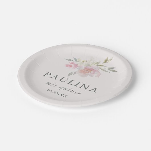 Roze Bloemen Quinceanera Datum en Naam Papieren Bordje (Gekanteld)