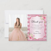 Roze Bloemen Quinceanera Foto Dank u Kaart (Voorkant)