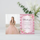 Roze Bloemen Quinceanera Foto Dank u Kaart (Staand voorkant)