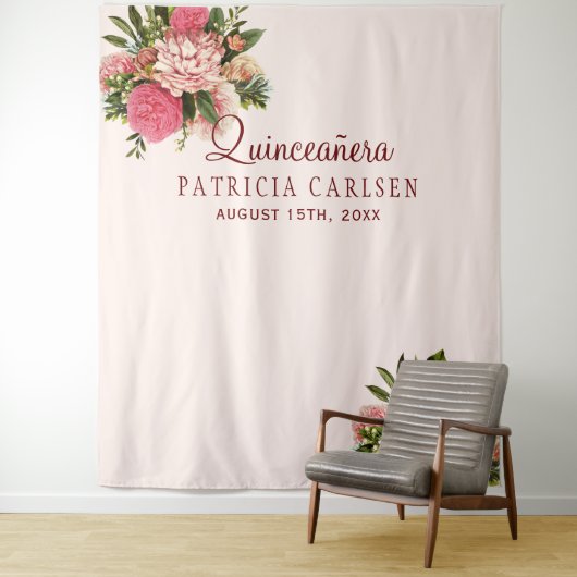Roze bloemen quinceañera fotohokje achtergrond wandkleed (In situ)