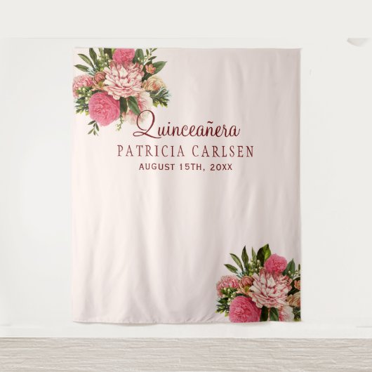 Roze bloemen quinceañera fotohokje achtergrond wandkleed (Voorkant)