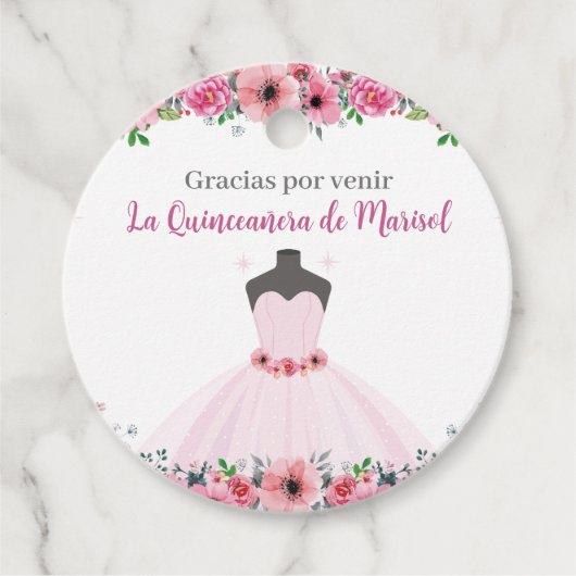 Roze Bloemen Quinceanera Jurk Party Bedankjes Labels (Voorkant)