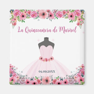 Roze Bloemen Quinceanera Jurk Party Magneet