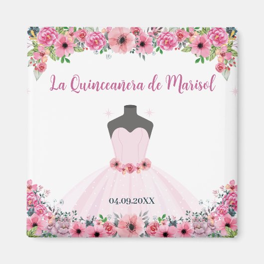 Roze Bloemen Quinceanera Jurk Party Magneet (Voorkant)