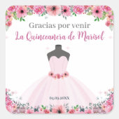 Roze Bloemen Quinceanera Jurk Party Vierkante Sticker (Voorkant)