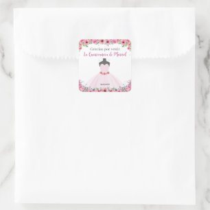 Roze Bloemen Quinceanera Jurk Party Vierkante Sticker