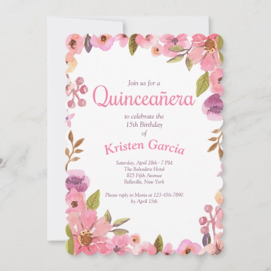 Roze Bloemen Quinceañera Kaart (Voorkant)