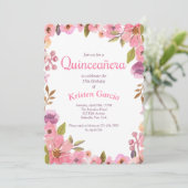 Roze Bloemen Quinceañera Kaart (Staand voorkant)