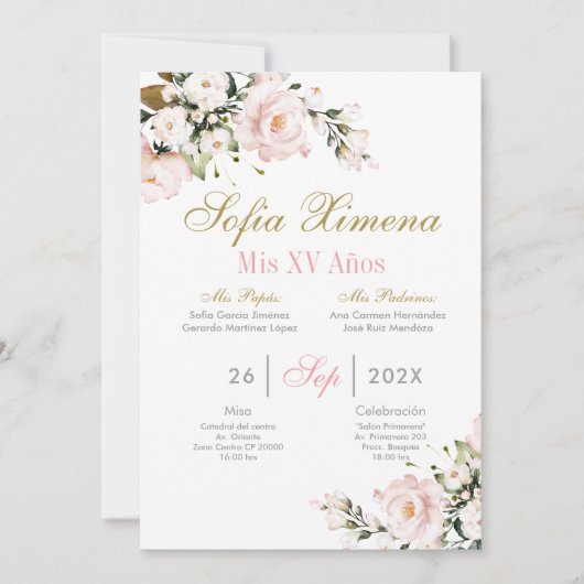 Roze Bloemen Quinceanera Kaart (Voorkant)