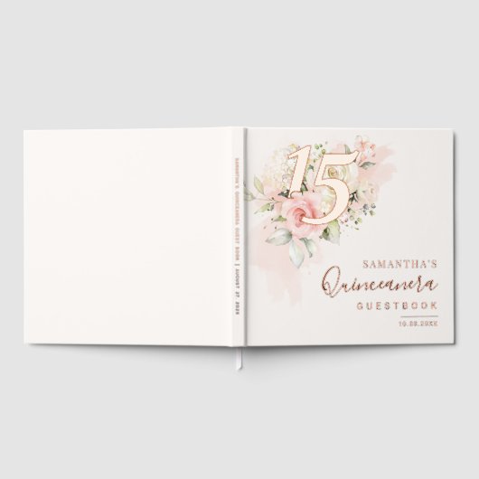 Roze Bloemen Quinceanera Party Roos Goudfolie Gastenboek (Volledig)
