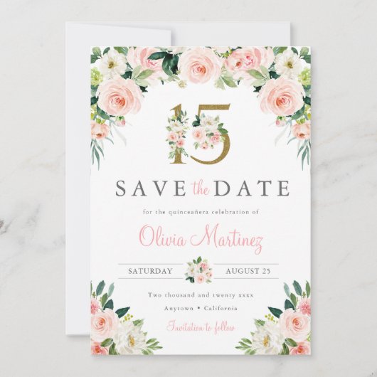 Roze Bloemen Quinceañera Save the Date Gouden Roze (Voorkant)