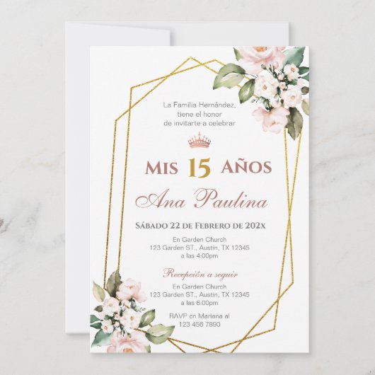 Roze Bloemen Quinceañera Spaanse Uitnodiging (Voorkant)