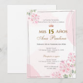 Roze Bloemen Quinceañera Spaanse Uitnodiging (Voorkant / Achterkant)