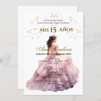 Roze Bloemen Quinceañera Spaanse Uitnodiging