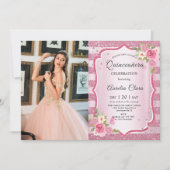 Roze Bloemen Quinceañera Verjaardag Foto Kaart (Voorkant)