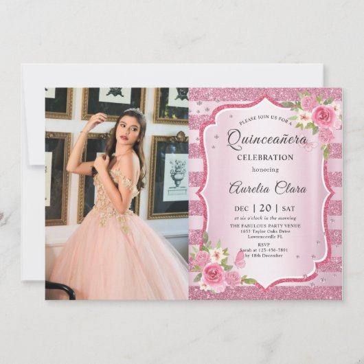 Roze Bloemen Quinceañera Verjaardag Foto Kaart (Voorkant)