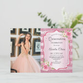 Roze Bloemen Quinceañera Verjaardag Foto Kaart (Staand voorkant)