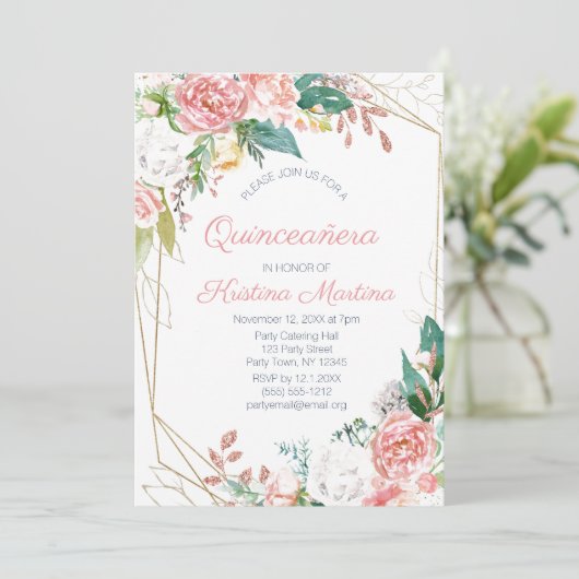  Roze Bloemen Quinceañera Verjaardag Kaart (Staand voorkant)