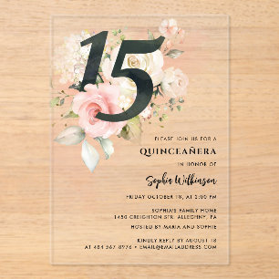 Roze Bloemen Quinceanera Viering Acryl Uitnodigingen