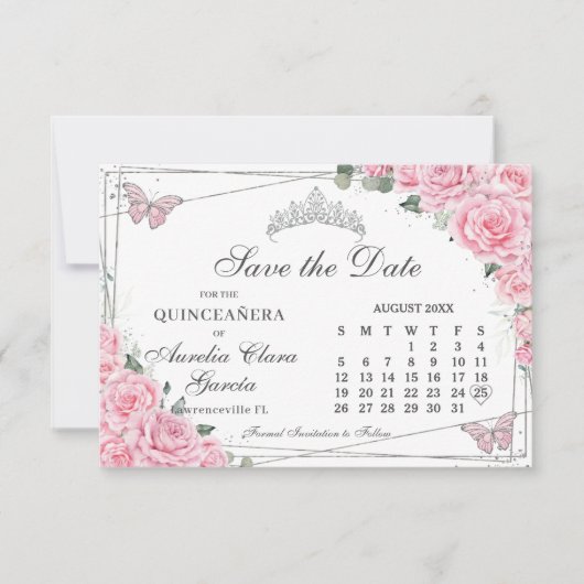 Roze Bloemen Quinceanera Zoete Zestien Kalender Save The Date (Voorkant)