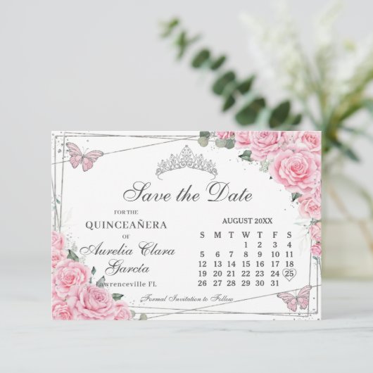Roze Bloemen Quinceanera Zoete Zestien Kalender Save The Date (Staand voorkant)