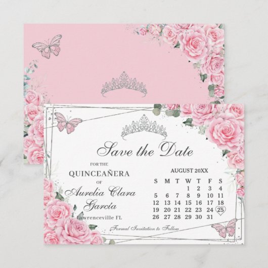 Roze Bloemen Quinceanera Zoete Zestien Kalender Save The Date (Voorkant / Achterkant)