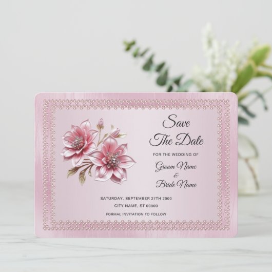 Roze bloemen redden de datum Kaart (Staand voorkant)