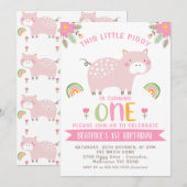 Roze Bloemen Regenbogen Little Piggy 1e Verjaardag Kaart (Voorkant / Achterkant)