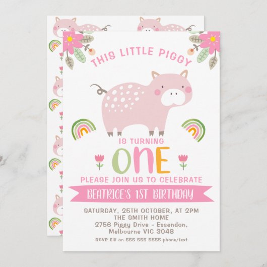 Roze Bloemen Regenbogen Little Piggy 1e Verjaardag Kaart (Voorkant / Achterkant)
