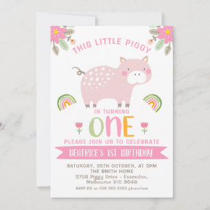 Roze Bloemen Regenbogen Little Piggy 1e Verjaardag Kaart