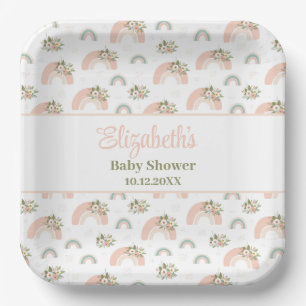 Roze Bloemen Regenboog Baby shower Papieren Bordje
