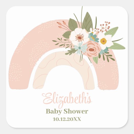 Roze Bloemen Regenboog Baby shower Vierkante Sticker (Voorkant)