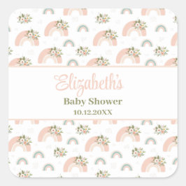 Roze Bloemen Regenboog Baby shower Vierkante Sticker