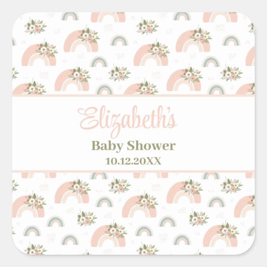 Roze Bloemen Regenboog Baby shower Vierkante Sticker (Voorkant)