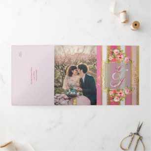 Roze Bloemen Regency Era Bruiloft Drieluik Uitnodiging