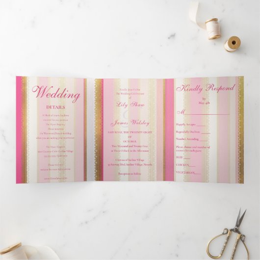 Roze Bloemen Regency Era Bruiloft Drieluik Uitnodiging (Binnen)