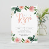 Roze Bloemen Religieus Hij is Verrezen Pasen Brunc Kaart (Staand voorkant)