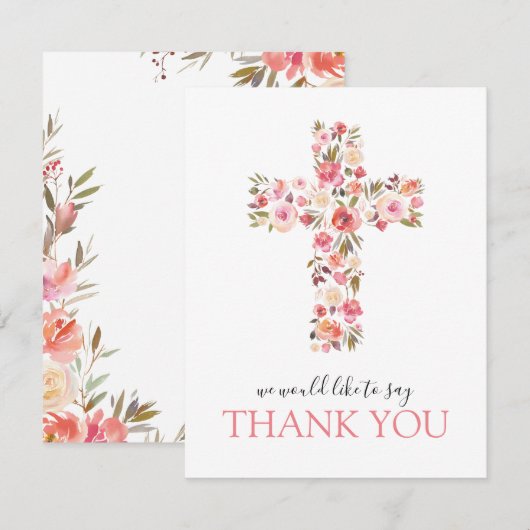 Roze Bloemen Religieus Kruis Bedankkaart (Voorkant / Achterkant)