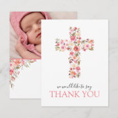Roze Bloemen Religieus Kruis Foto Bedankkaart (Voorkant / Achterkant)