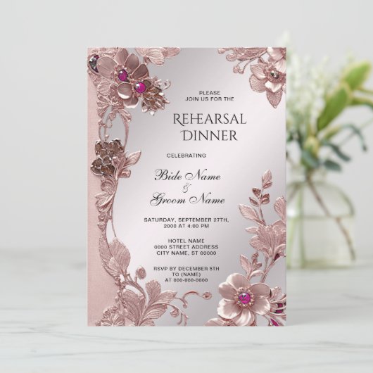 Roze  Bloemen Repetitie Diner Uitnodiging (Staand voorkant)