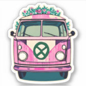 Roze Bloemen Retro Hippie Van Kleuren Kunst Sticker (Voorkant)