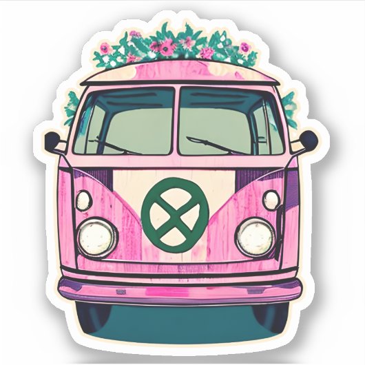 Roze Bloemen Retro Hippie Van  Kleuren Kunst Sticker (Voorkant)