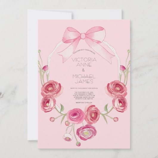 Roze Bloemen Ribbon bruiloft uitnodiging (Voorkant)